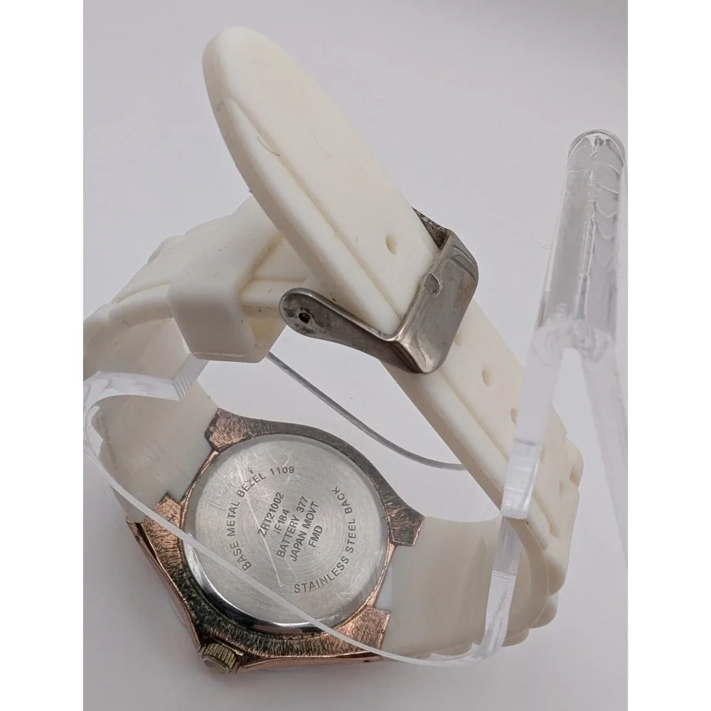 Women's White Ceramic Watch Bracelet‎ Band Rose Gold tone Accent New Battery